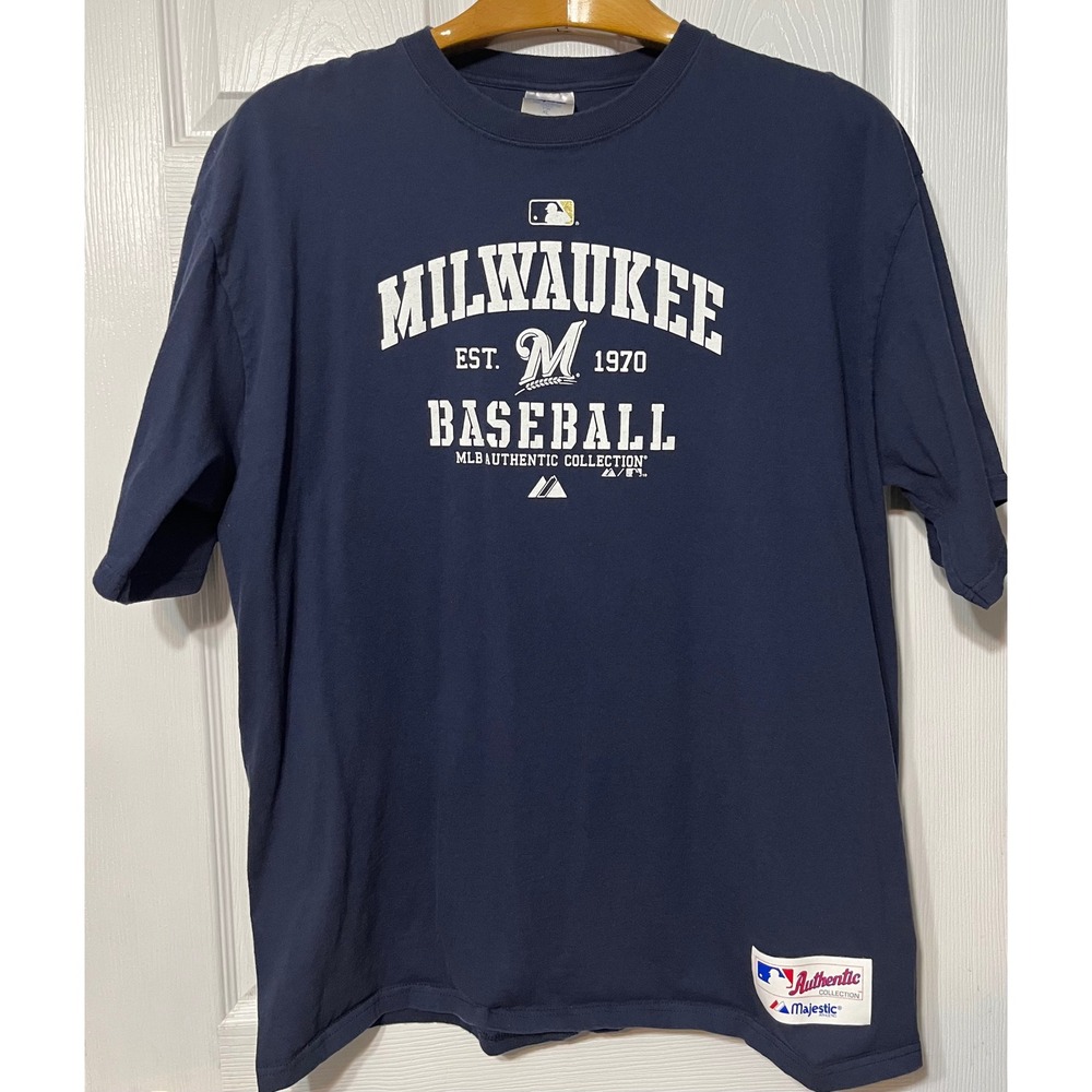 Majestic Milwaukee Brewers Baseball T Shirt XL Navy MLB Authentic Collection